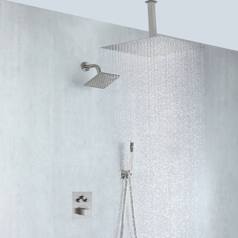 Brushed nickel rainfall shower head high pressure shower head 3 way thermostatic valve shower heads systems each function work at the same time and separately
