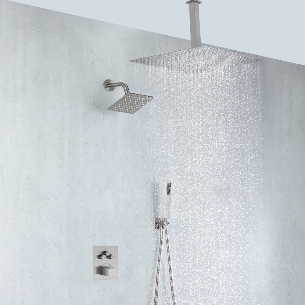 
                  
                    Brushed nickel rainfall shower head high pressure shower head 3 way thermostatic valve shower heads systems each function work at the same time and separately
                  
                