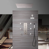 20 Inch Brushed nickel ceiling mount rainfall shower systems 4 way thermostatic valve with 6 body jets and wall mount 6 inch regualr shower head