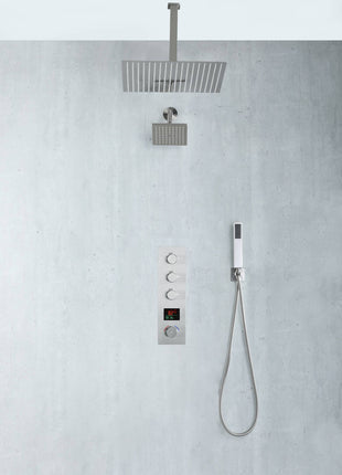 Brushed nickel Ceiling 12 Inch or 16 inch Rainfall Shower Head Wall Mount 6 Inch Regular High Water Pressure Shower Head 3 Way Digital display Thermostatic Shower Faucet Each Function Work All Together And Separately