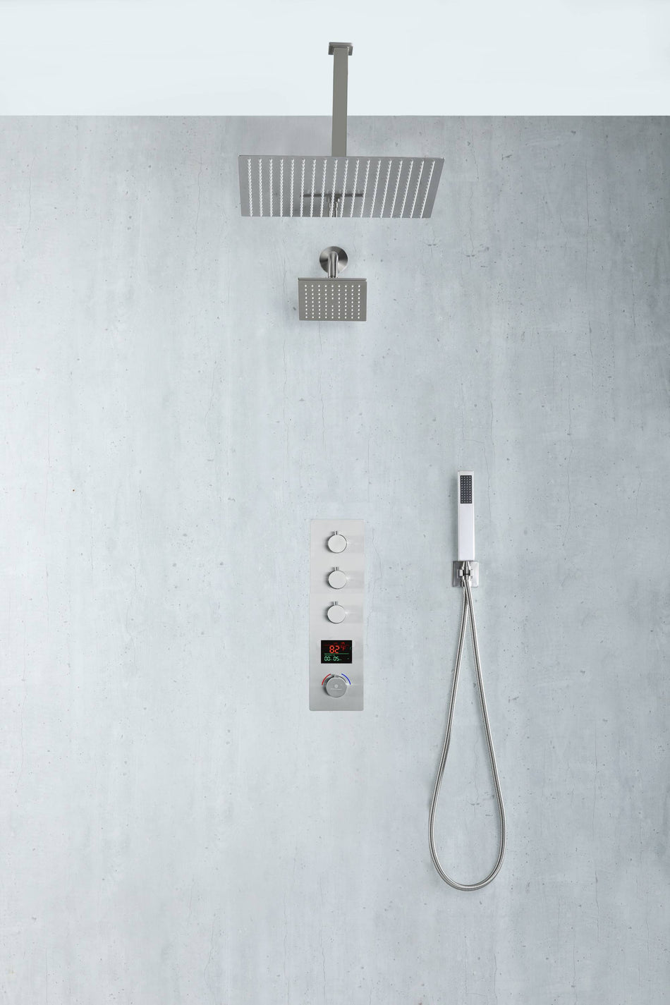 Brushed nickel Ceiling 12 Inch or 16 inch Rainfall Shower Head Wall Mount 6 Inch Regular High Water Pressure Shower Head 3 Way Digital display Thermostatic Shower Faucet Each Function Work All Together And Separately