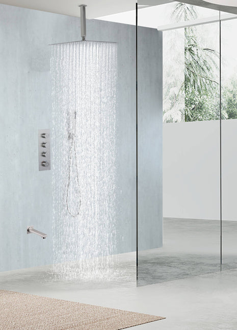 Brushed Nickel X3 Thermostatic Tub Faucet Set Shower System with Ceiling 12" Rain Shower Head, Handheld and Tub Spout
