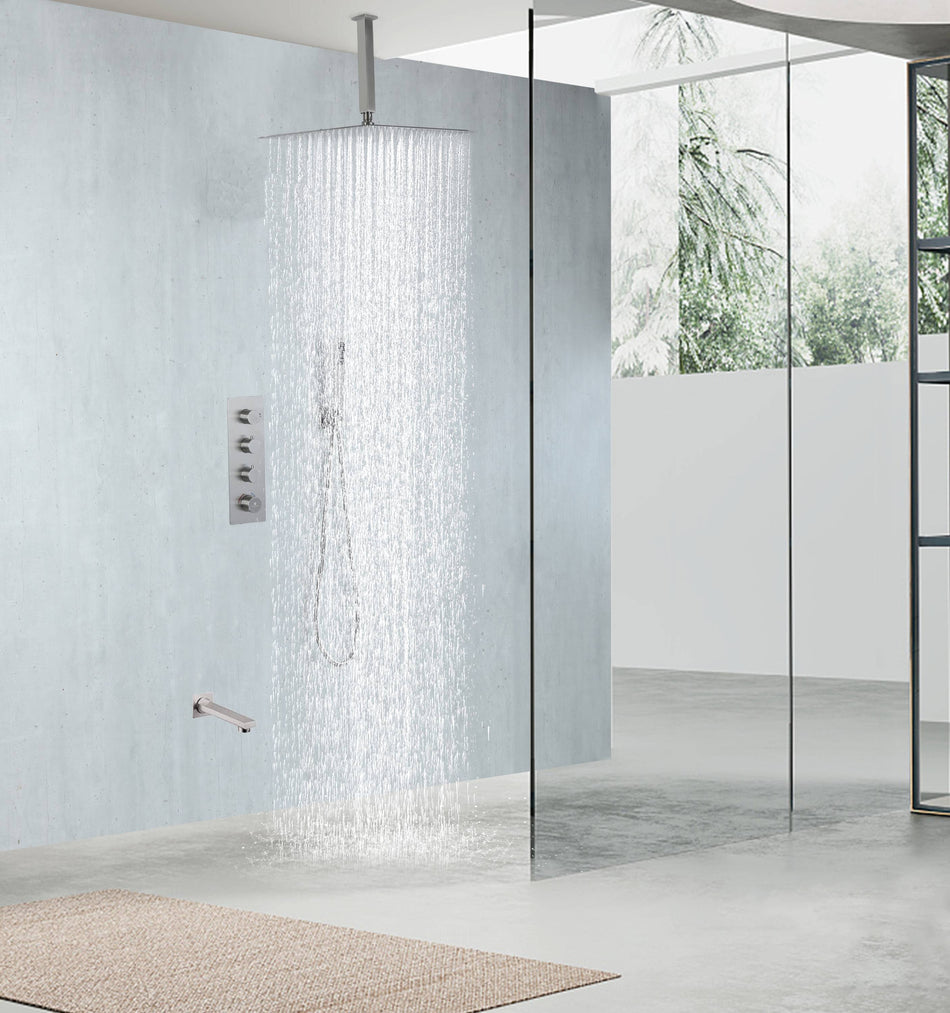 Brushed Nickel X3 Thermostatic Tub Faucet Set Shower System with Ceiling 12" Rain Shower Head, Handheld and Tub Spout