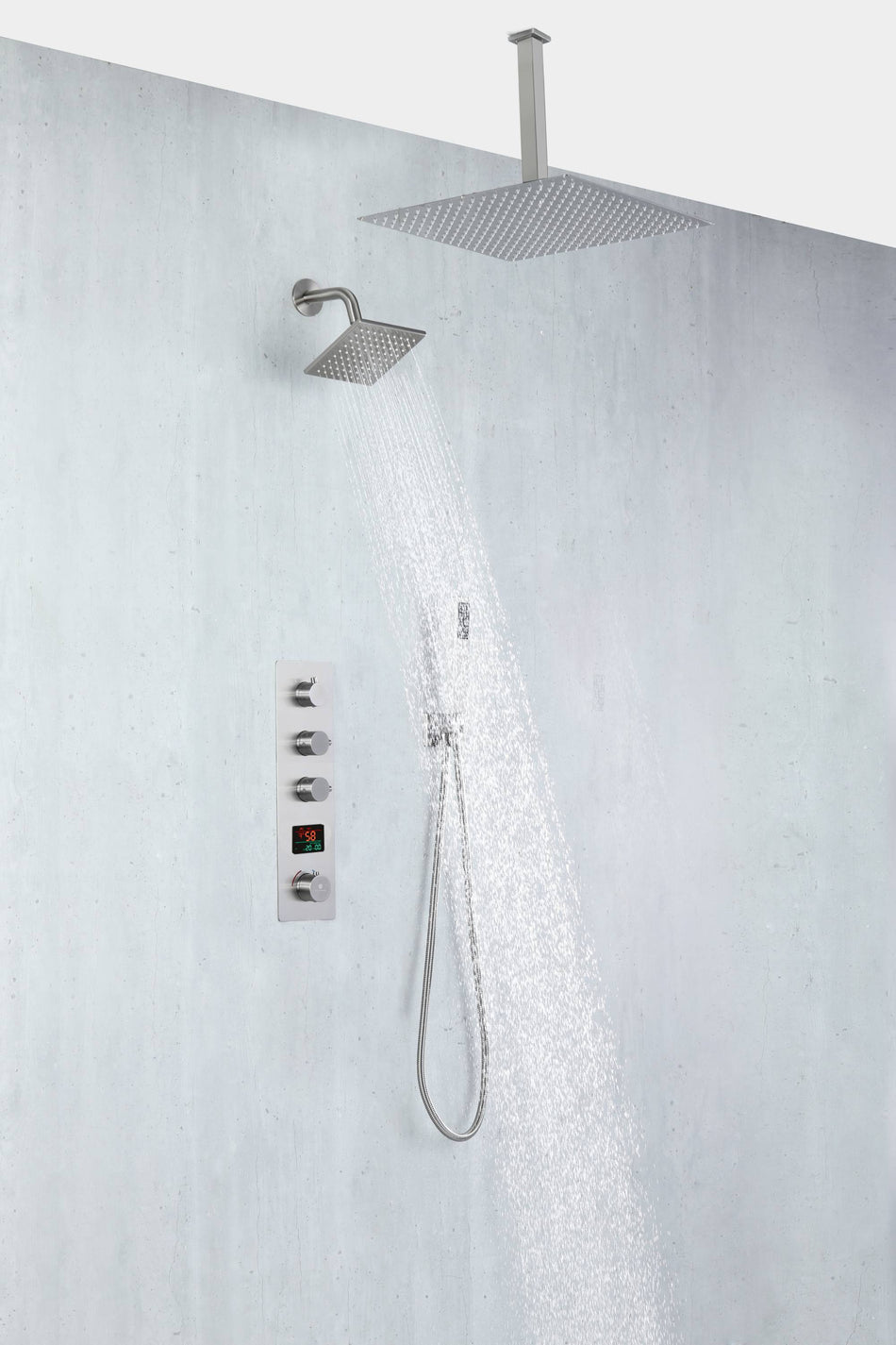 Brushed nickel Ceiling 12 Inch or 16 inch Rainfall Shower Head Wall Mount 6 Inch Regular High Water Pressure Shower Head 3 Way Digital display Thermostatic Shower Faucet Each Function Work All Together And Separately