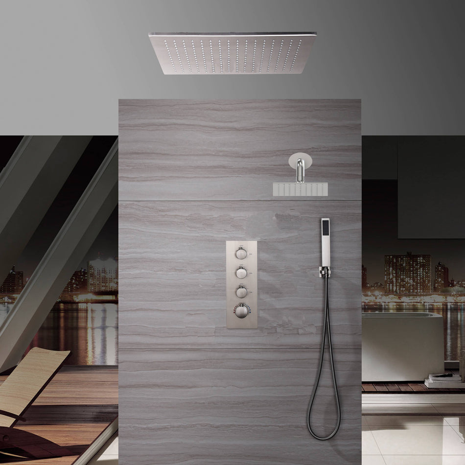 20 Inch Brushed nickel ceiling mount rainfall shower systems 3 way thermostatic valve with wall mount 6 inch regualr shower head