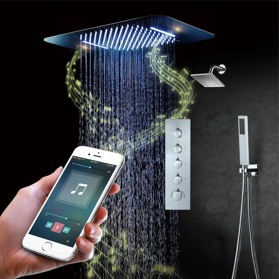 64 LED colors Brushed nickel music led flushed in 23x15inch shower head 4 way thermostatic shower valve with regular shower head