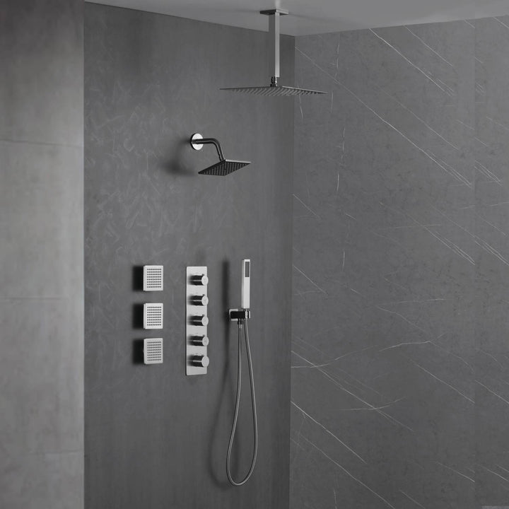 Brushed Nickel 4 Function Thermostatic Faucet Set with Ceiling 3 Color LED 16" Rain Shower Head, High Pressure 6", Body Jets and Handheld Spray
