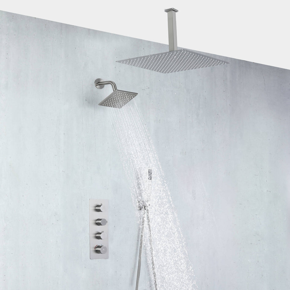 Brushed nickel Ceiling 12 Inch or 16 inch Rainfall Shower Head Wall Mount 6 Inch Regular High Water Pressure Shower Head 3 Way Thermostatic Shower Faucet Each Function Work All Together And Separately