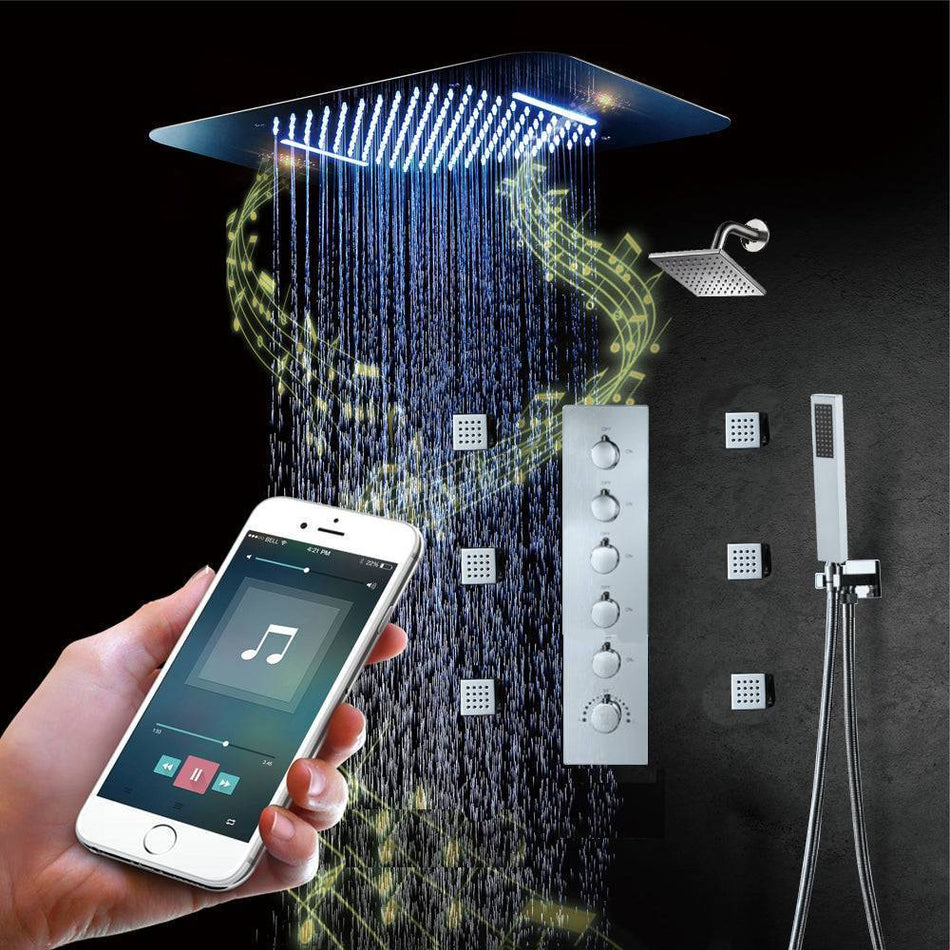 64 LED colors Brushed nickel music led flushed in 23x15inch shower head 5 way thermostatic valve that each function run at the same time and separately