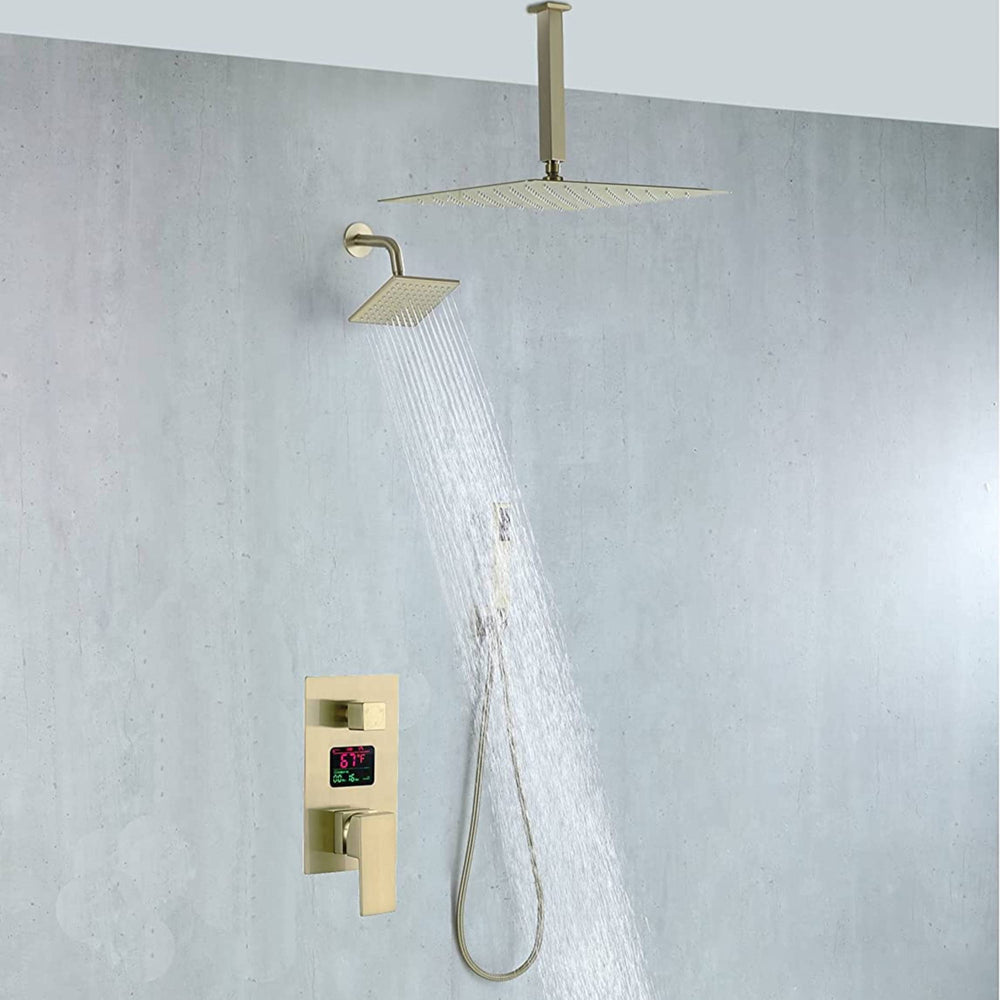 
                  
                    Brushed Gold Ceiling Mount 12 inch or 16 Inch Rainfall Shower Head Wall Mount 6 Inch Regular High Water Pressure Shower Head 3 Way Digital display Shower Faucet
                  
                