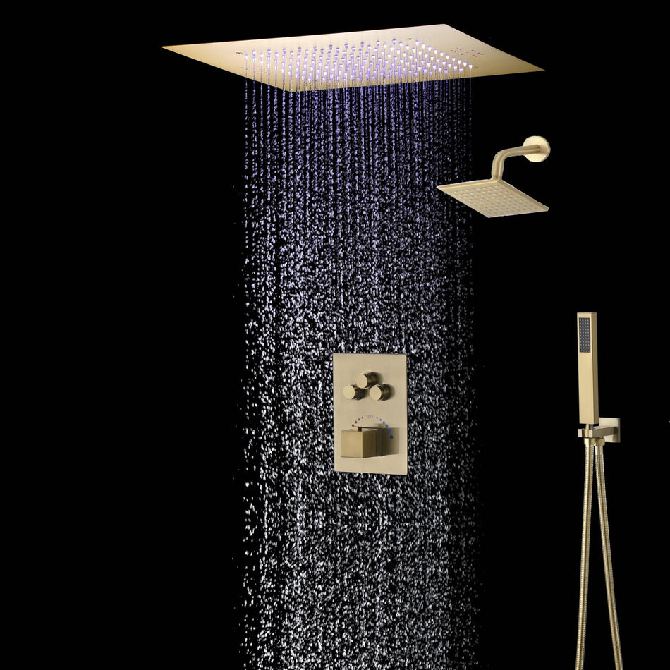 Brushed Gold Music 64 LED lights Flushed mount 20 X 20 inch rain  shower head 3 way  thermostatic valve that each function run all together and separately