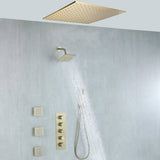 20 inch ceiling mount Brushed gold 4 way thermostatic shower faucet with high pressure 6 '' head and 4 inch body jets and handle sprayer