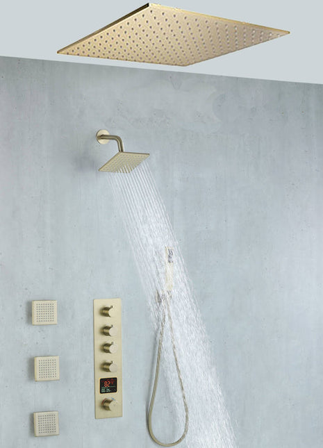 20 inch ceiling mount Brushed gold 4 way digital display thermostatic shower faucet with high pressure 6 '' head and 4 inch body jets and handle sprayer