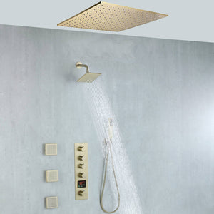 
                  
                    20 inch ceiling mount Brushed gold 4 way digital display thermostatic shower faucet with high pressure 6 '' head and 4 inch body jets and handle sprayer
                  
                