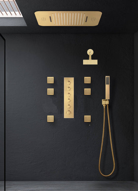 Brushed Gold Music LED Flushed in 23 X 15 inch or 20 x 20 inch shower head 5 way thermostatic shower system with regular head and body sprayers
