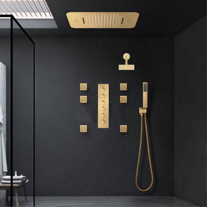 
                  
                    Brushed Gold Music LED Flushed in 23 X 15 inch or 20 x 20 inch shower head 5 way thermostatic shower system with regular head and body sprayers
                  
                