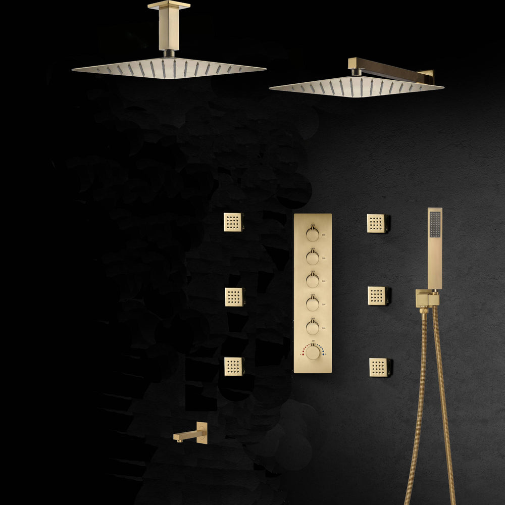 ceiling mounted rain shower 5 way Brushed Gold thermostatic shower system  with 6 body jets and wall mount rain shower and tub spout