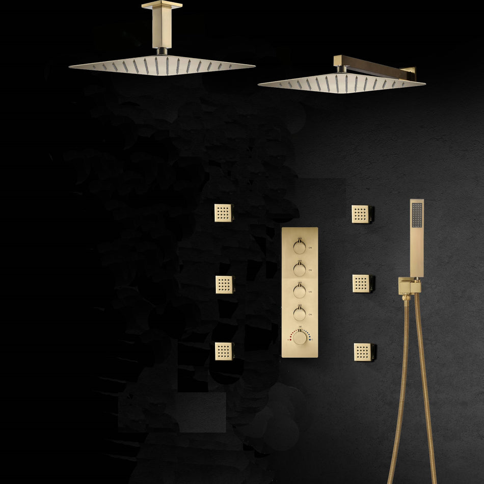 ceiling mounted rain shower 4 way Brushed Gold thermostatic shower system  with 6 body jets and wall mount rain shower