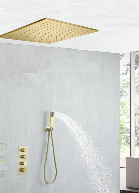 20 inch ceiling mount Brushed gold 3 way thermostatic shower faucet with Body sprayer and handle sprayer