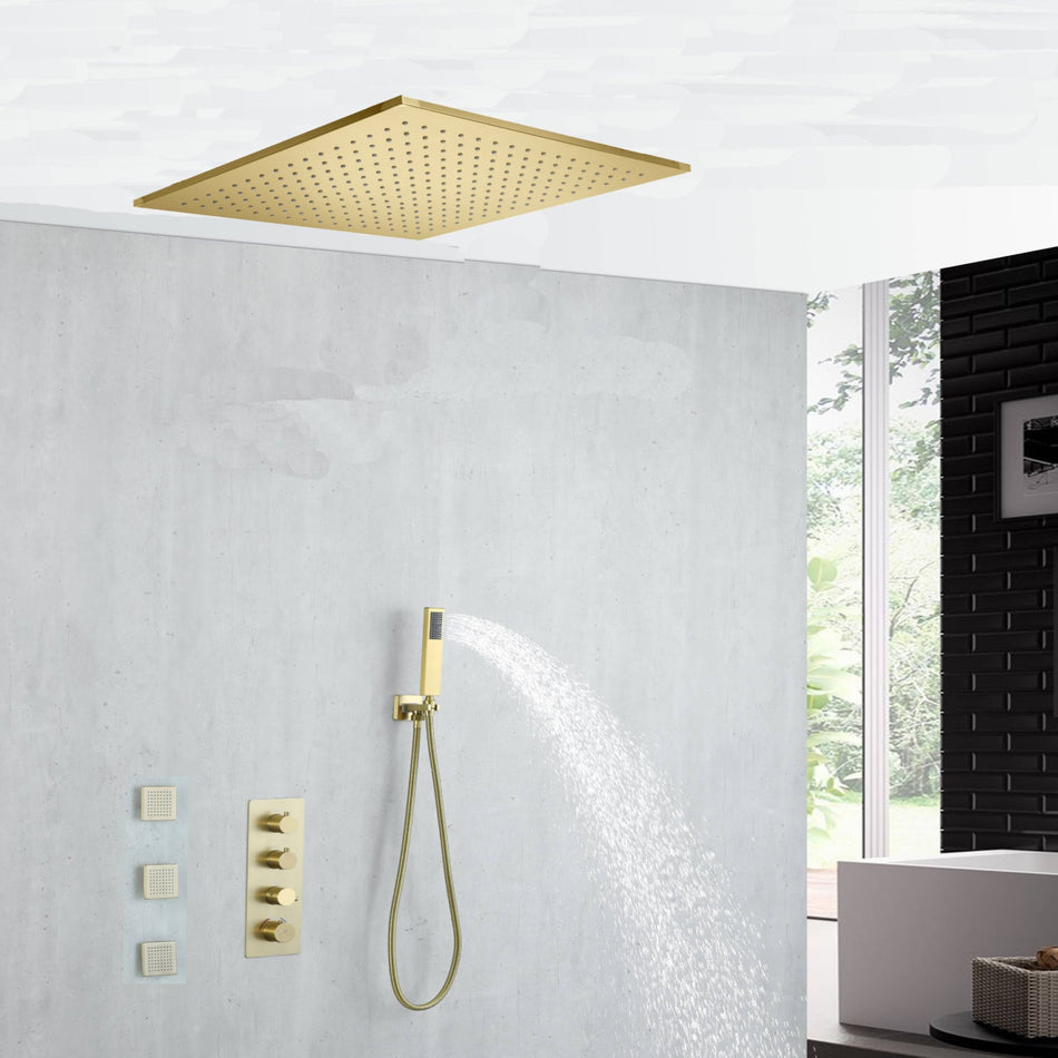 20 inch ceiling mount Brushed gold 3 way thermostatic shower faucet with Body sprayer and handle sprayer