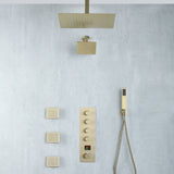 Brushed Gold 4 Function digital display Thermostatic Faucet Set with Ceiling 12" or 16'' Rain Shower Head, High Pressure 6", Body Jets and Handheld Spray
