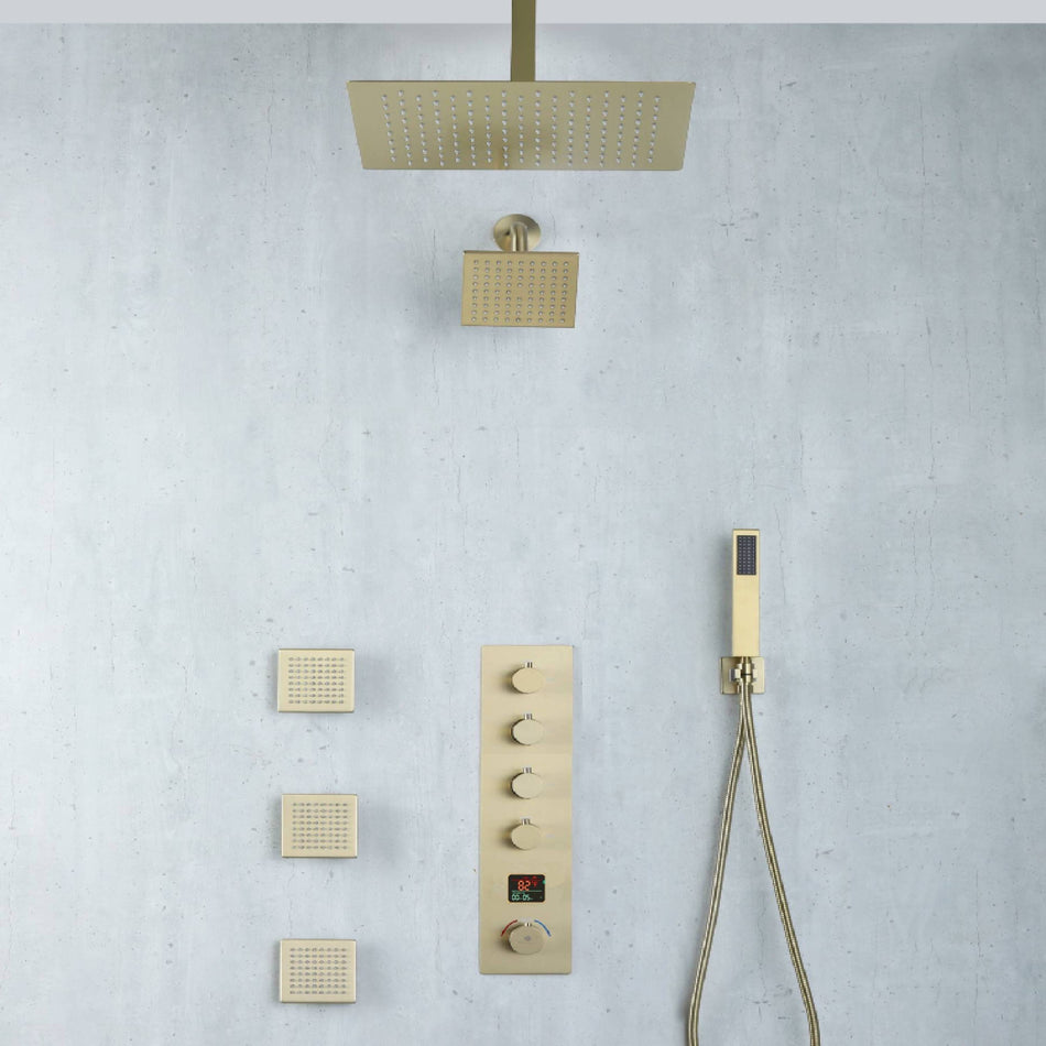 Brushed Gold 4 Function digital display Thermostatic Faucet Set with Ceiling 12" or 16'' Rain Shower Head, High Pressure 6", Body Jets and Handheld Spray