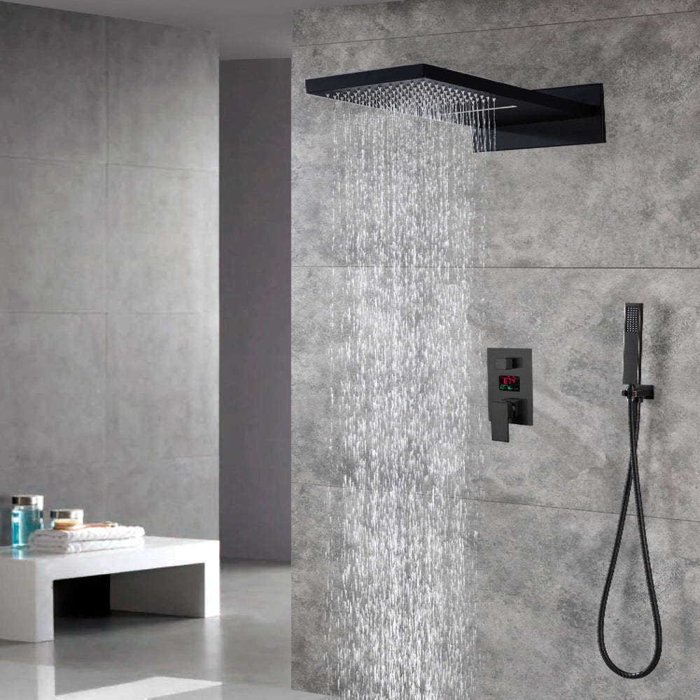 Matte Black 22 Inch Rainfall Waterfall 3 Way anti-scald pressure balance Digital  Display Shower Faucet