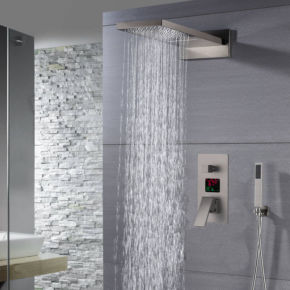 Brushed Nickel 22 Inch Rainfall Water Shower Head 3 Way Thermostatic Shower Faucet