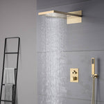 22-Inch Brushed Gold 3 Way Thermostatic Shower Faucet System with Rainfall and Waterfall