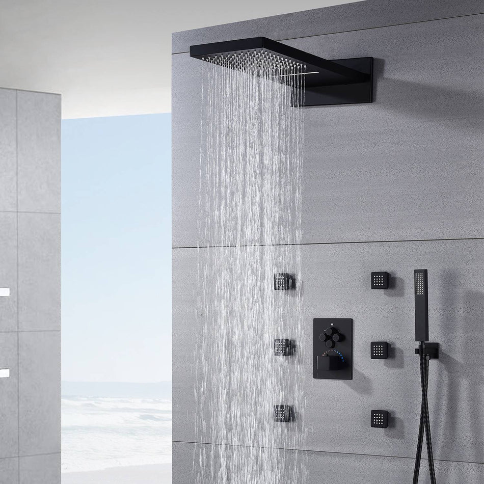 22'' Matt Black 3 way Thermostatic Shower Faucet Waterfall & Rain Massage Body Jet that each function work at the same time and seperately
