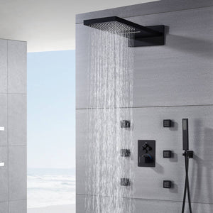 
                  
                    22'' Matt Black 3 way Thermostatic Shower Faucet Waterfall & Rain Massage Body Jet that each function work at the same time and seperately
                  
                