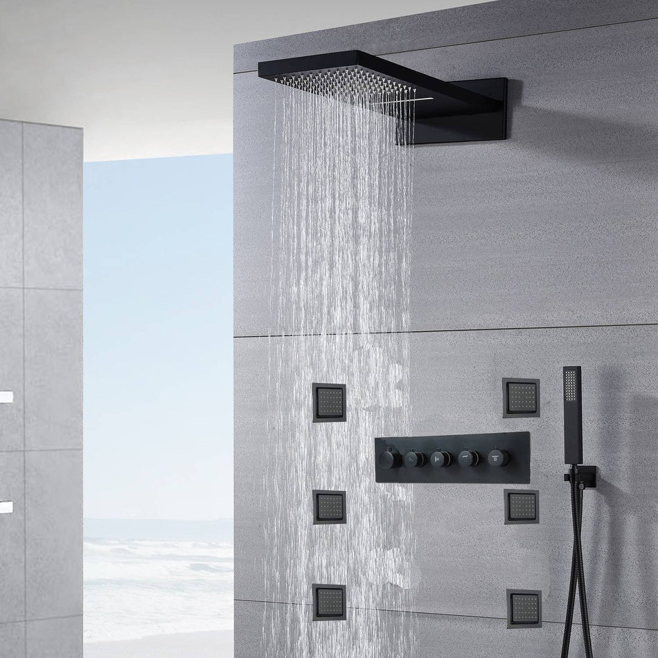 22'' Matte Black 4 way thermostatic shower Waterfall Rainfall shower systems with 4inch flush body jets