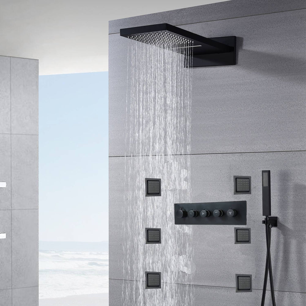 
                  
                    22'' Matte Black 4 way thermostatic shower Waterfall Rainfall shower systems with 4inch flush body jets
                  
                