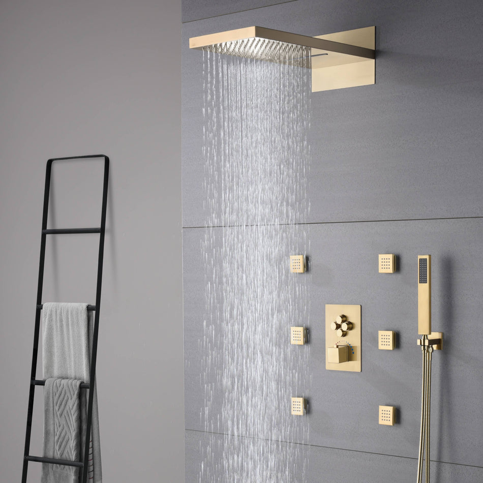 22inch Brushed gold 4 way Thermostatic Shower valve system that each function run all together and separately