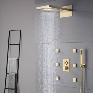 
                  
                    22inch Brushed gold 4 way Thermostatic Shower valve system that each function run all together and separately
                  
                