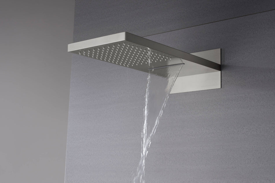 22inch rainfall and waterfall Brushed Nickel 4 Way Thermostatic Shower Faucet with 8 on/off function Body Jets