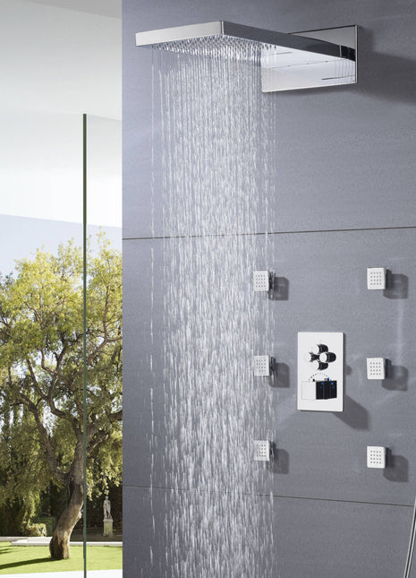 Chrome 22'' Thermostatic Shower Faucet Set Waterfall&Rain Massage Body Jet
