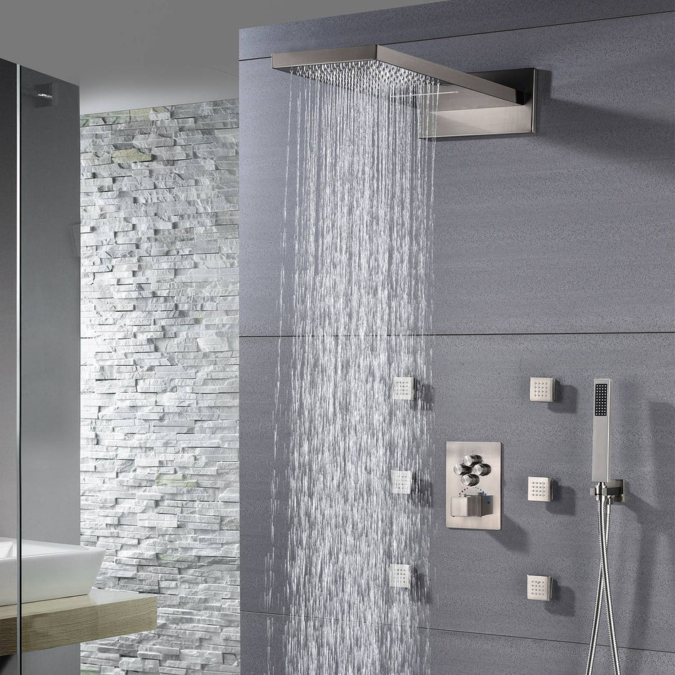 22'' Brushed Nickel 4 Way Thermostatic Shower Faucet Waterfall & Rain Massage Body Jet Spray