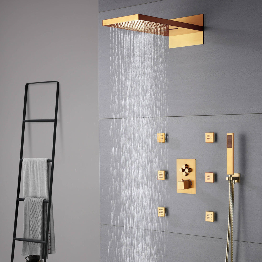 
                  
                    Polished Gold 22 Inch Rainfall Waterfall Shower Head 4 Way Thermostatic Shower Faucet Set with 6 Body Jets Each Function Work All Together and Separately
                  
                