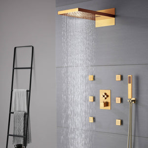 
                  
                    Polished Gold 22 Inch Rainfall Waterfall Shower Head 4 Way Thermostatic Shower Faucet Set with 6 Body Jets Each Function Work All Together and Separately
                  
                