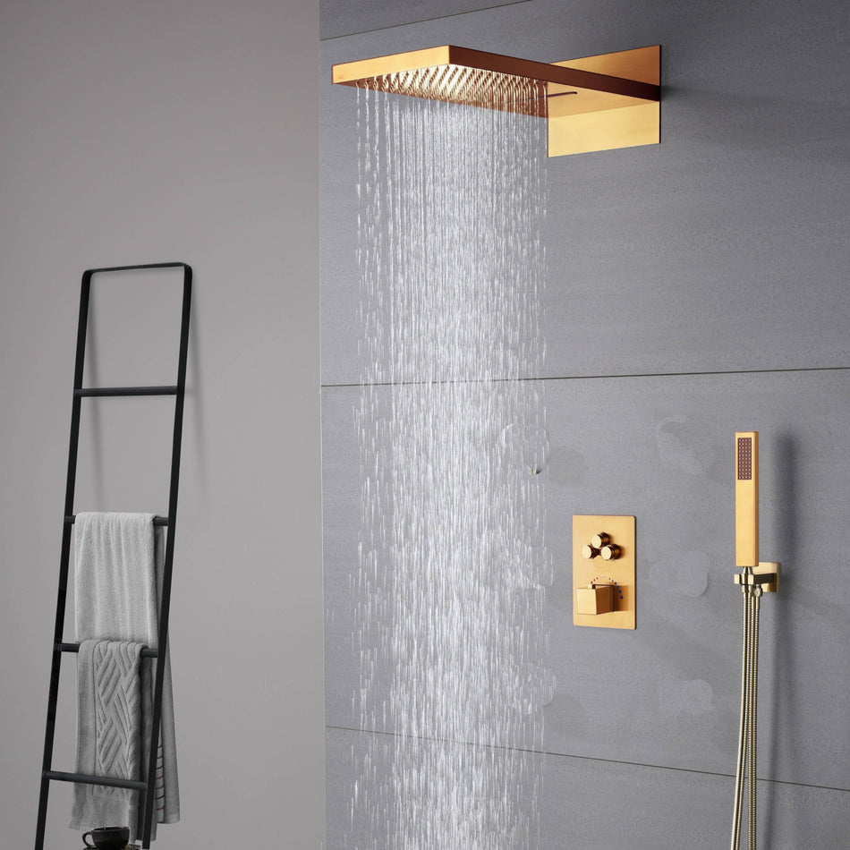 Polished Gold 22 Inch Rainfall Waterfall Shower Head 3 Way Thermostatic Shower Faucet Set Each Function Work All Together and Separately