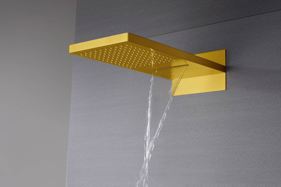 Polished Gold 22 Inch Rainfall Waterfall Shower Head 3 Way Thermostatic Shower Faucet Set Each Function Work All Together and Separately
