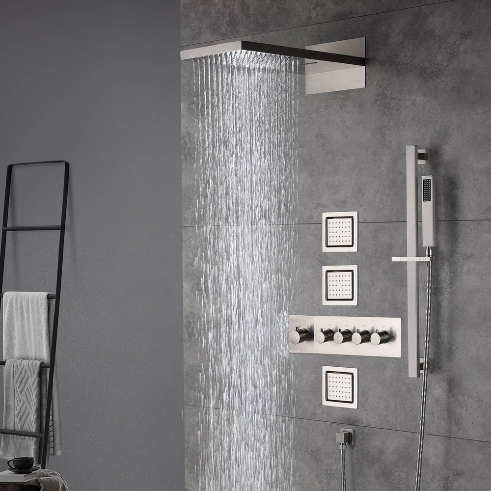 22inch rainfall and waterfall Brushed Nickel 4 Way Thermostatic Shower Faucet with 4inch Body Jet