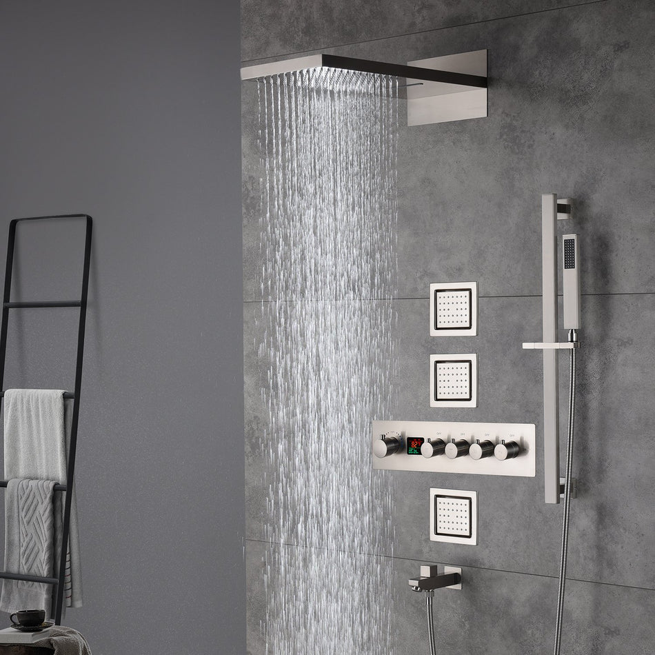22inch rainfall and waterfall Brushed Nickel 4 Way digital Thermostatic Shower Faucet with 4inch Body Jet