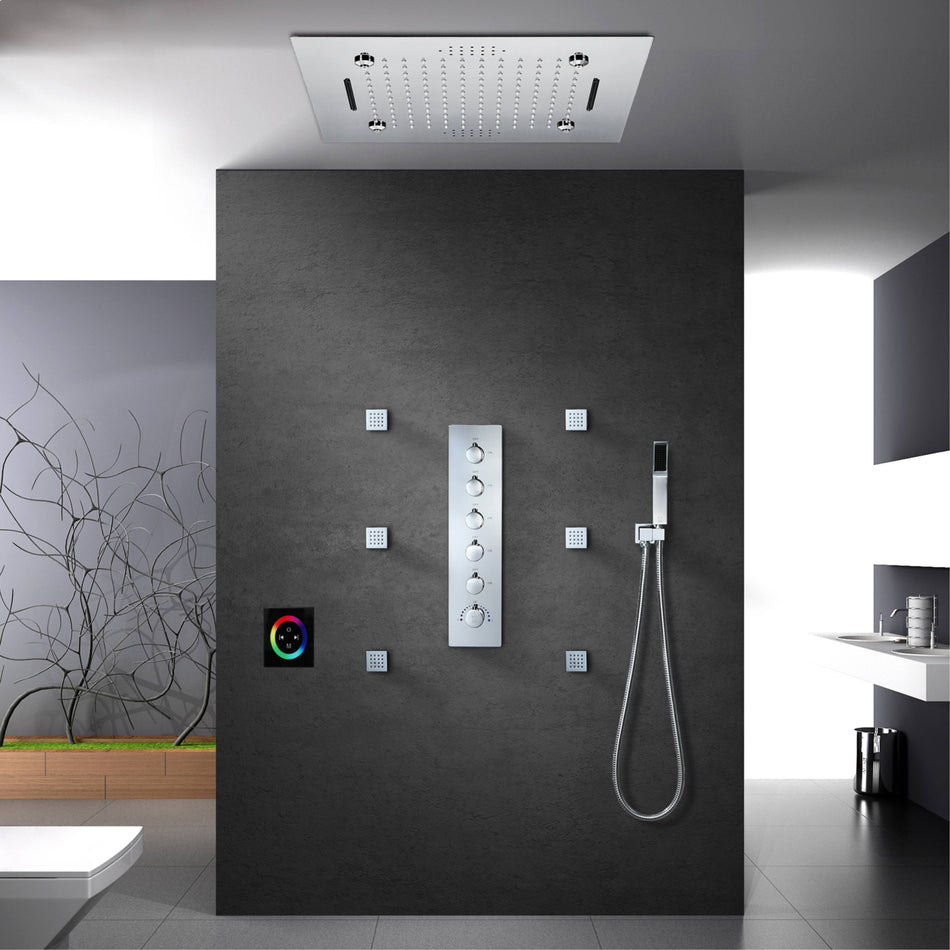Chrome 20 Inch Flushed Ceiling Mount Rainfall Waterfall Mist 64 LED Light Bluetooth Music Shower Head 5 Way Thermostatic Shower Faucet Set with Body Jets and Touch Panel