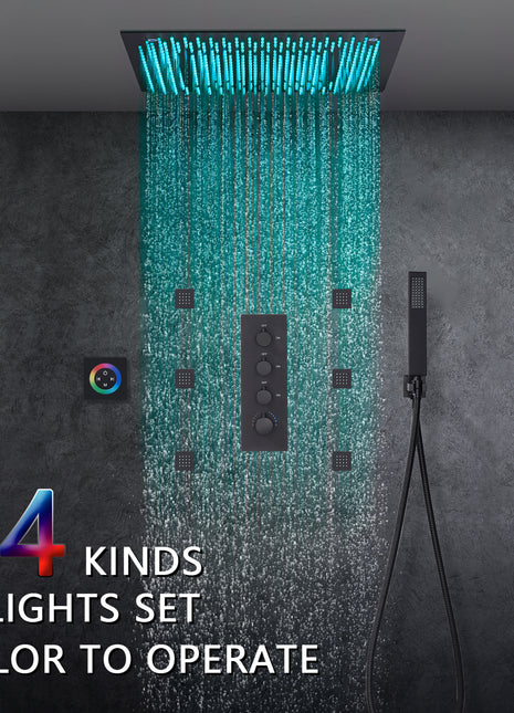 64 LED colors 20 inch Matte Black flushed on rainfall shower systems 3 way Digital display thermostatic shower faucet with 6 body jets and touch panel