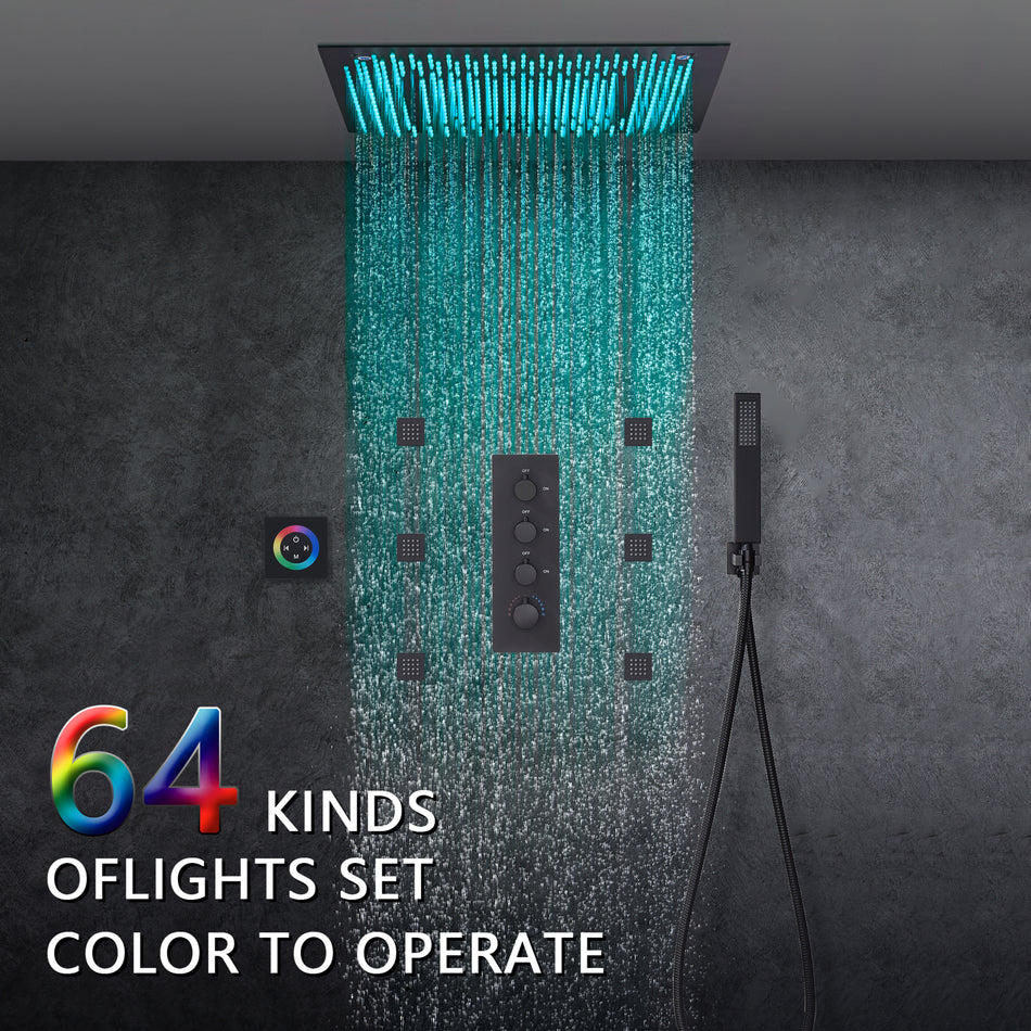 64 LED colors 20 inch Matte Black flushed on rainfall shower systems 3 way Digital display thermostatic shower faucet with 6 body jets and touch panel