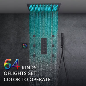 
                  
                    64 LED colors 20 inch Matte Black flushed on rainfall shower systems 3 way Digital display thermostatic valve with 6 body jets and touch panel
                  
                