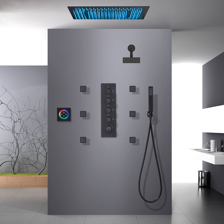 
                  
                    64 LED colors 20 inch Matte Black flushed on rainfall shower systems 4 way digital display thermostatic valve with Regular head and 6 body jets and touch panel
                  
                