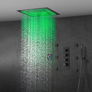
                  
                    64 LED colors 20 inch Matte Black flushed on rainfall shower systems 3 way Digital display thermostatic valve with 6 body jets and touch panel
                  
                